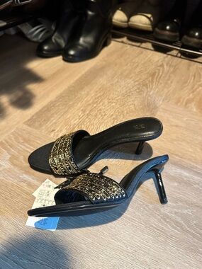 Zara Black & Gold Chain Slide Heels - Women